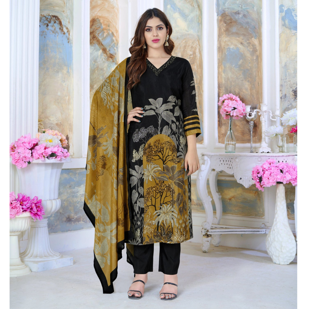 Women's Pure Chinnon Blend Kurta Pant with Dupatta Set (Pack of 1)