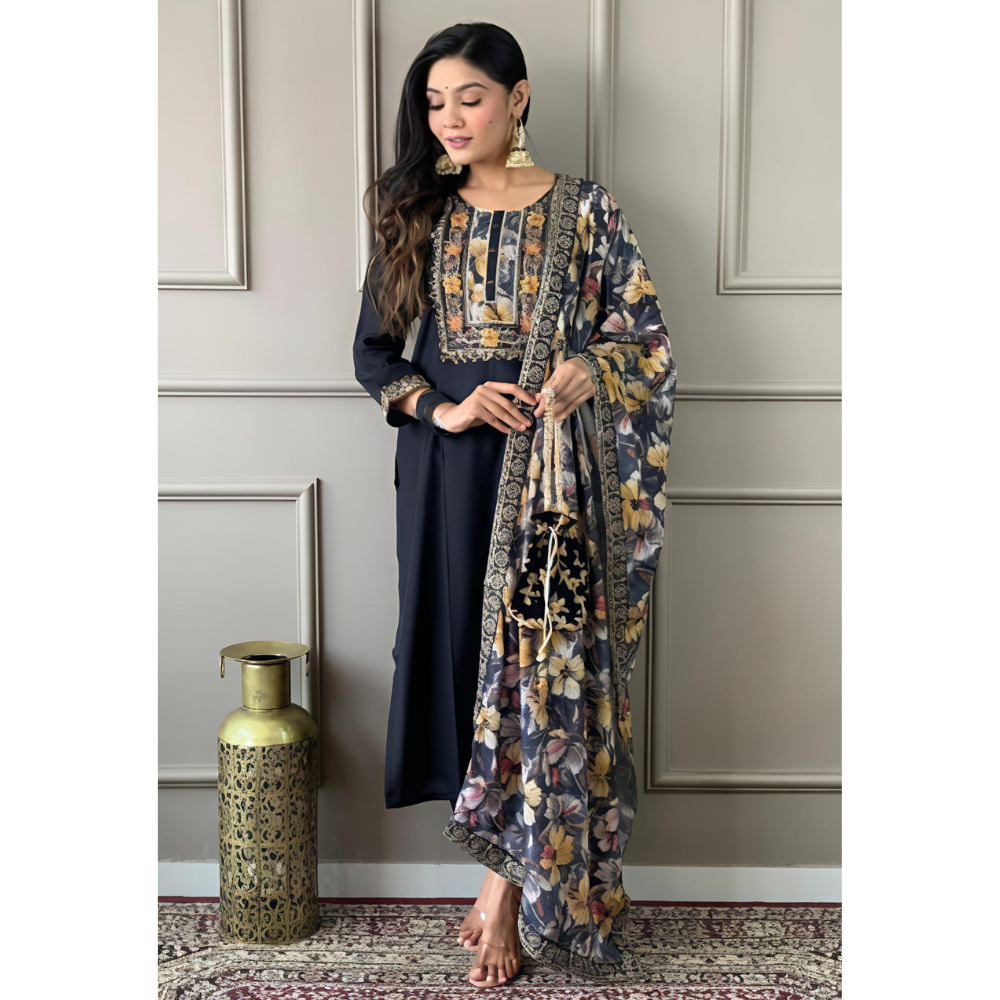 Women's Roman Silk Embroidered Black Colour Kurta With Bottom & Dupatta (Pack of 1)