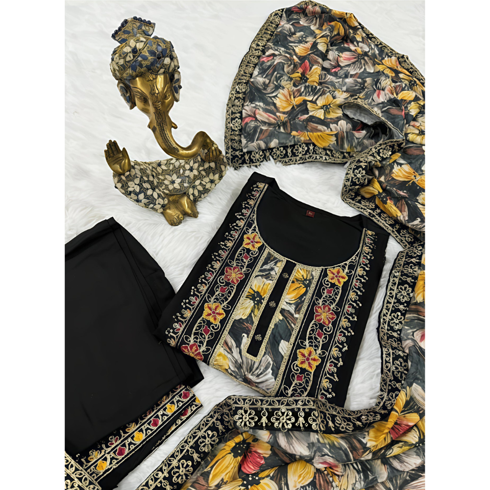Women's Roman Silk Embroidered Black Colour Kurta With Bottom & Dupatta (Pack of 1)