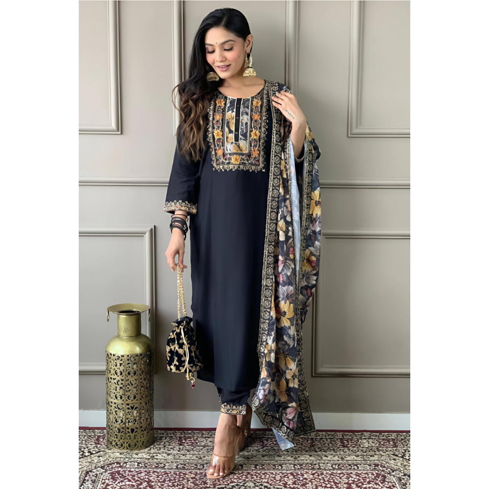 Women's Roman Silk Embroidered Black Colour Kurta With Bottom & Dupatta (Pack of 1)