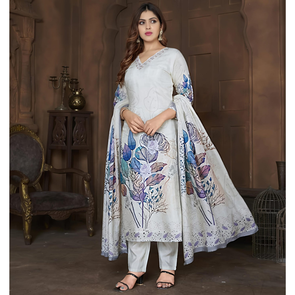 Cream Suits With Handwork In Pure Viscose Muslin Fabrics (Pack of 1)