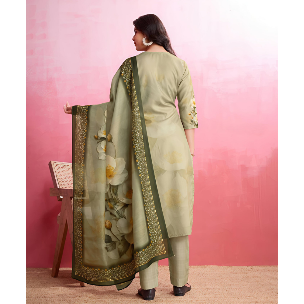 Floral & Leaf Straight Kurta With Pant Dark Green American Crepe & Printed Dupatta Set (Pack of 1)