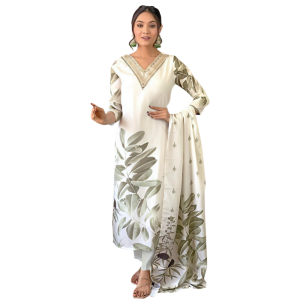 Floral & Leaf Straight Kurta With Pant Dark Green American Crepe & Printed Dupatta Set (Pack of 1)