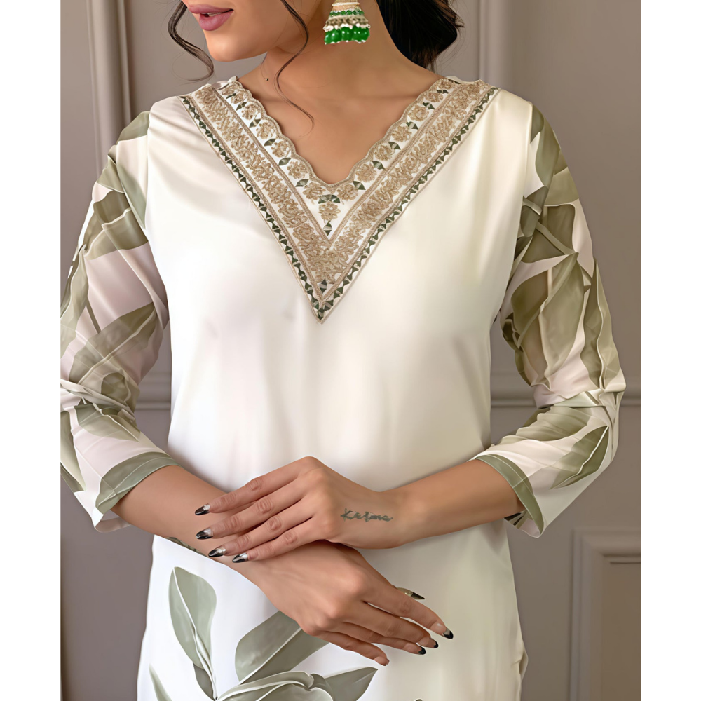 Floral & Leaf Straight Kurta With Pant Dark Green American Crepe & Printed Dupatta Set (Pack of 1)