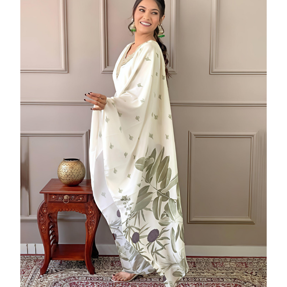 Floral & Leaf Straight Kurta With Pant Dark Green American Crepe & Printed Dupatta Set (Pack of 1)