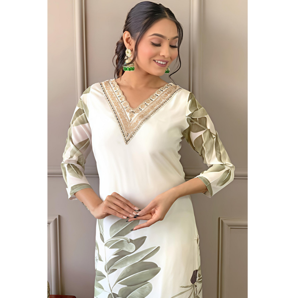 Floral & Leaf Straight Kurta With Pant Dark Green American Crepe & Printed Dupatta Set (Pack of 1)