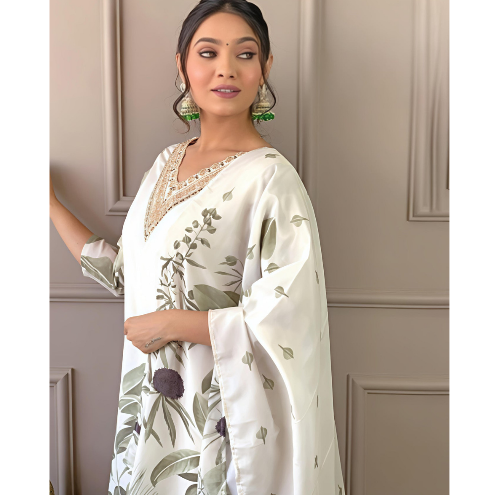 Floral & Leaf Straight Kurta With Pant Dark Green American Crepe & Printed Dupatta Set (Pack of 1)