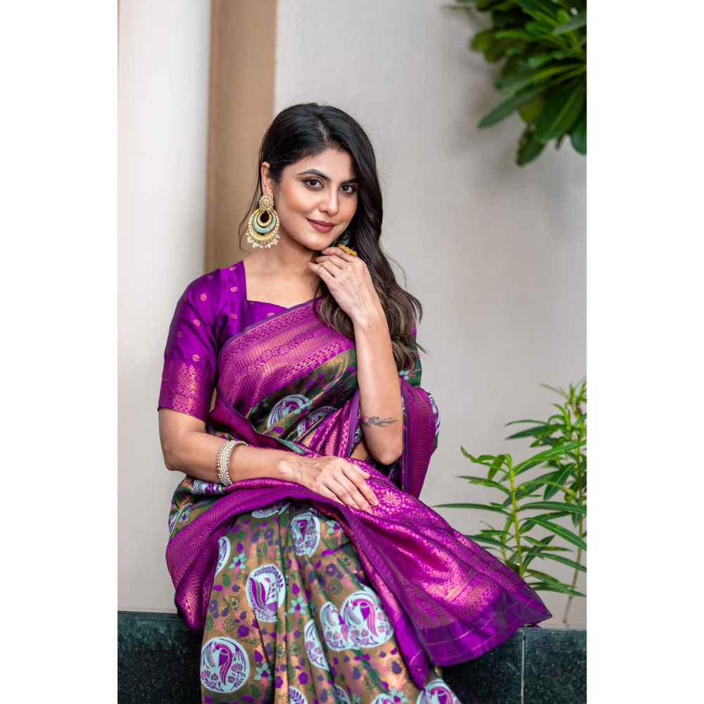 Women's Kanjivaram Silk Banarasi Zari Design Saree With Blouse Piece (Pack of 1)
