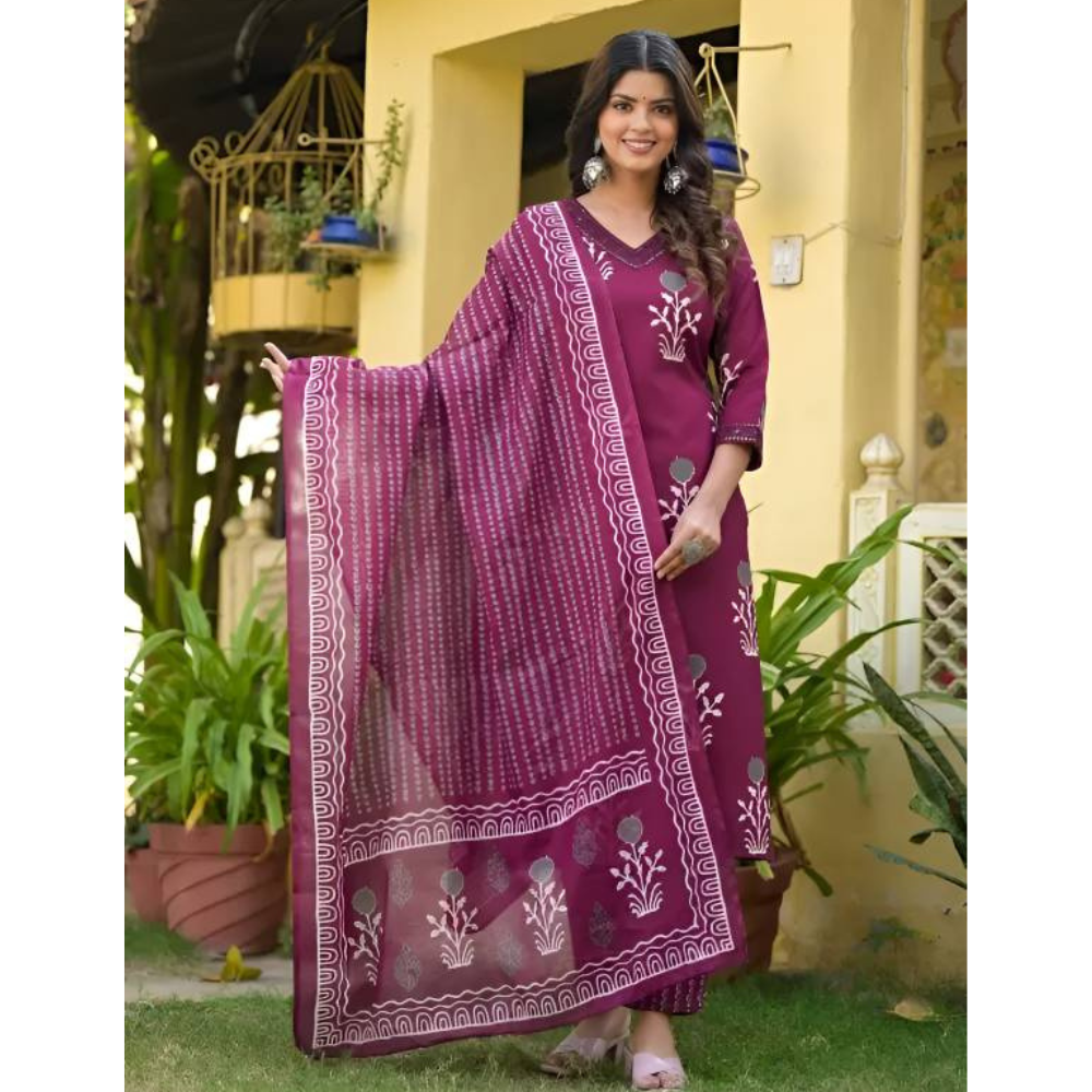 Women's Cotton Blend Printed Straight Kurta with Dupatta Set (Pack of 1)