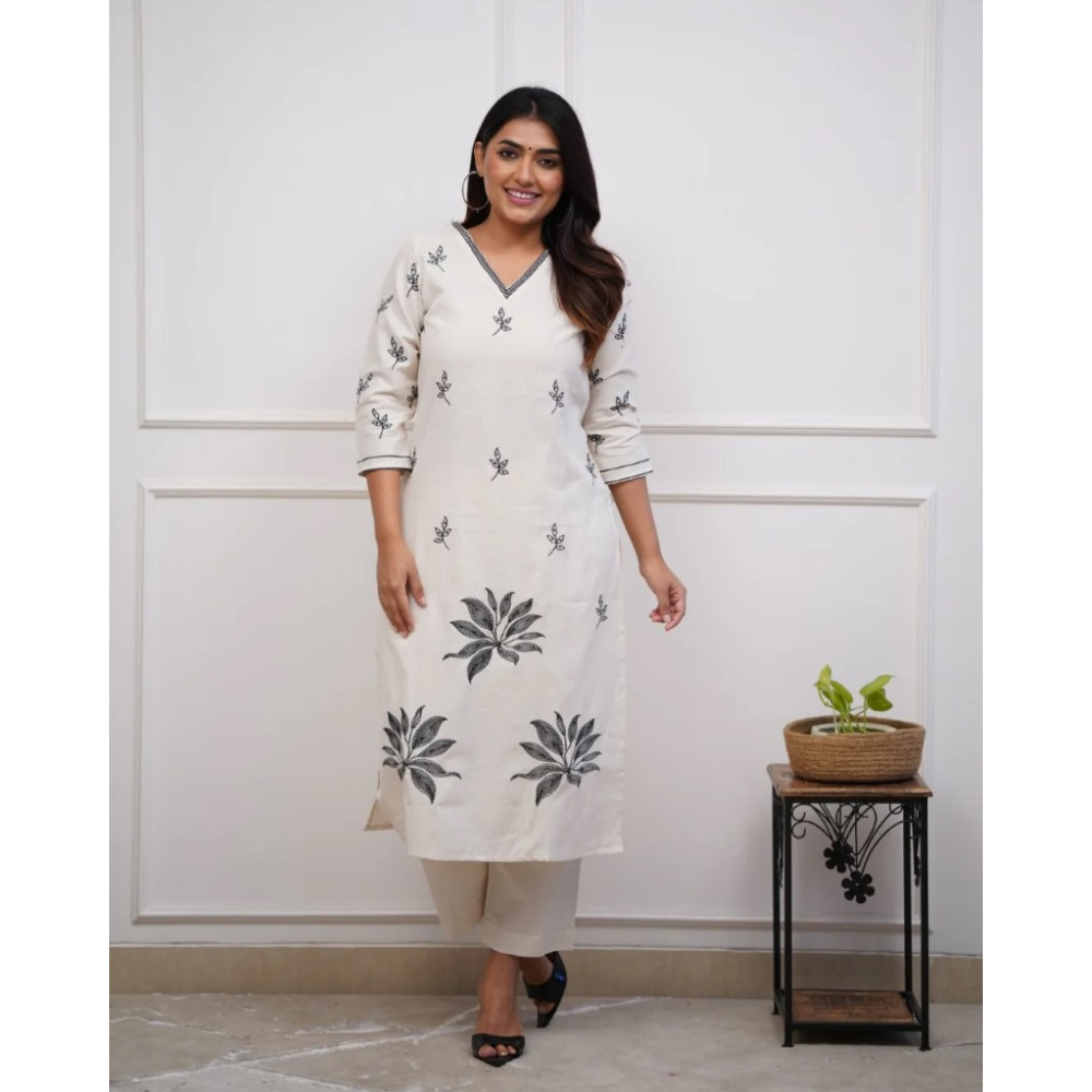 Women's Cotton Blend Printed Straight Kurta with Pant Set (Pack of 1)