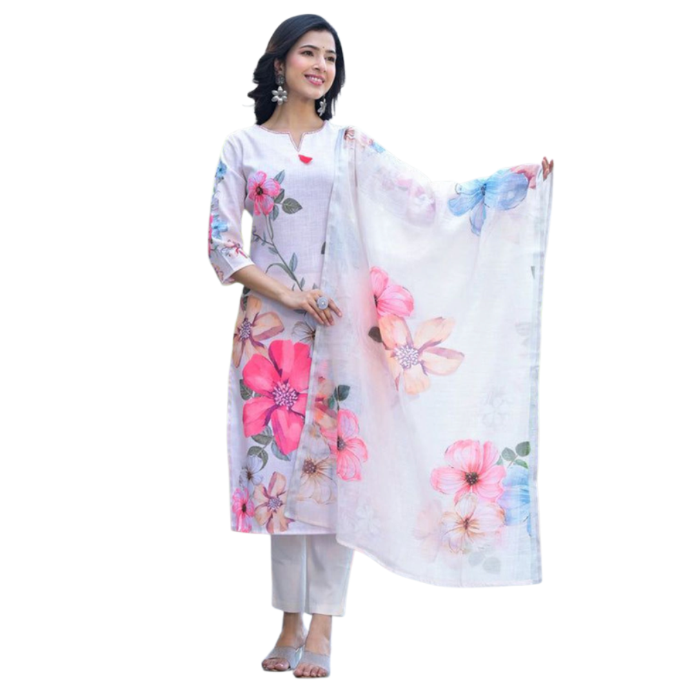 Women's Cotton Blend Printed Straight Kurta with Dupatta Set (Pack of 1)