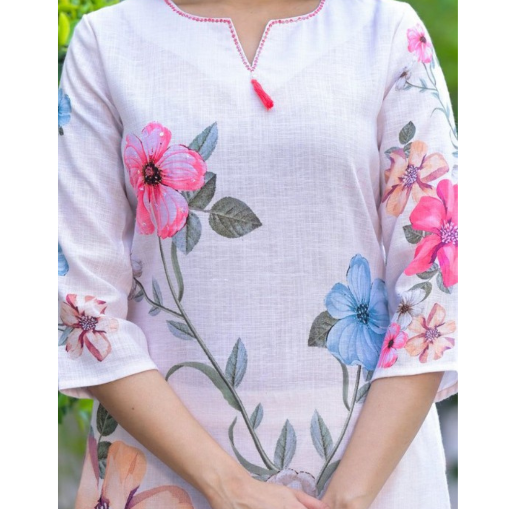 Women's Cotton Blend Printed Straight Kurta with Dupatta Set (Pack of 1)