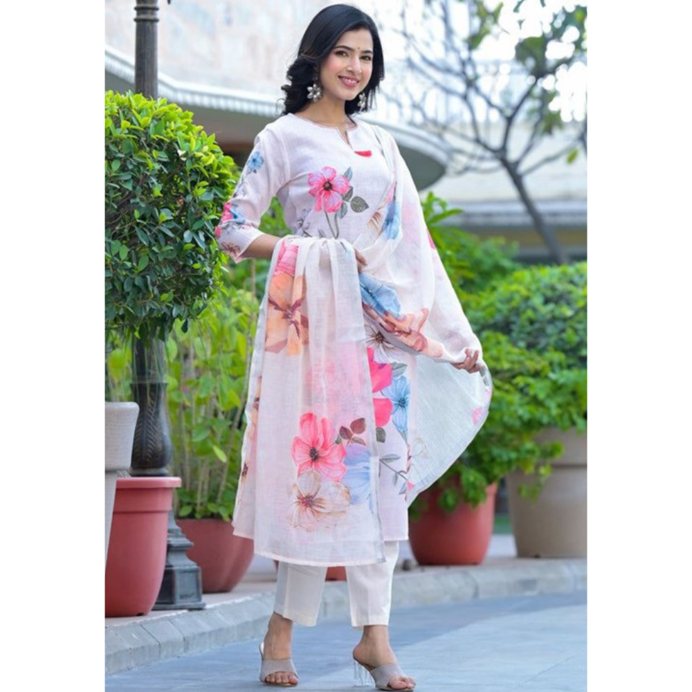 Women's Cotton Blend Printed Straight Kurta with Dupatta Set (Pack of 1)