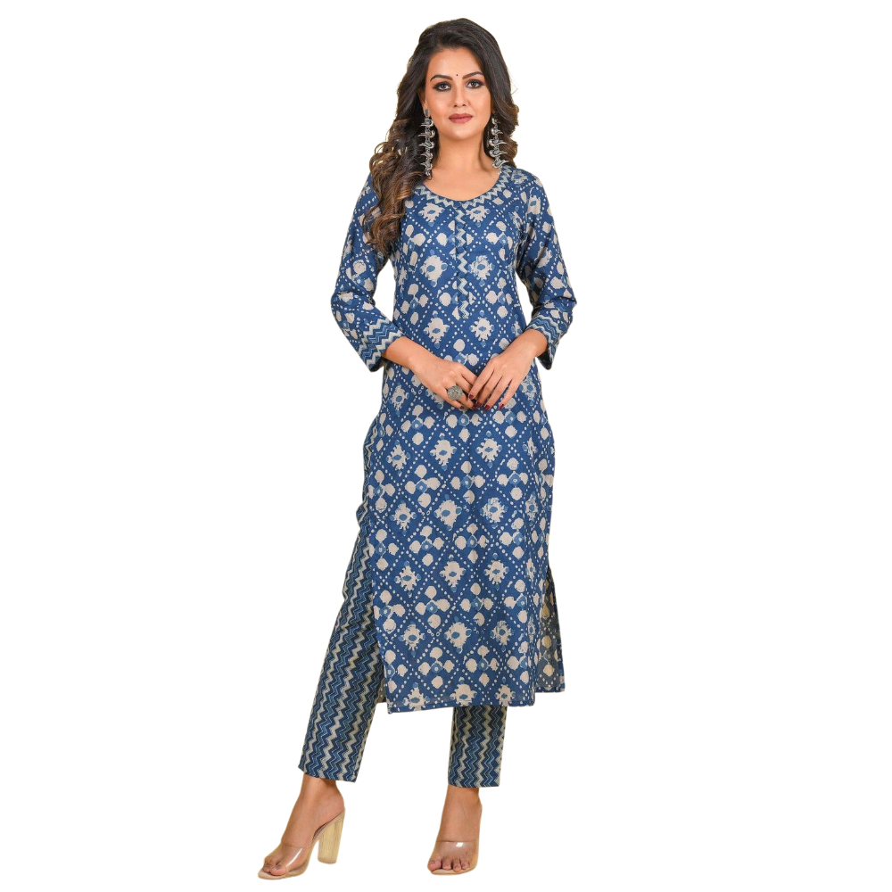 Women's Cotton Blend Printed Straight Kurta- Pant with Dupatta Set (Pack of 1)