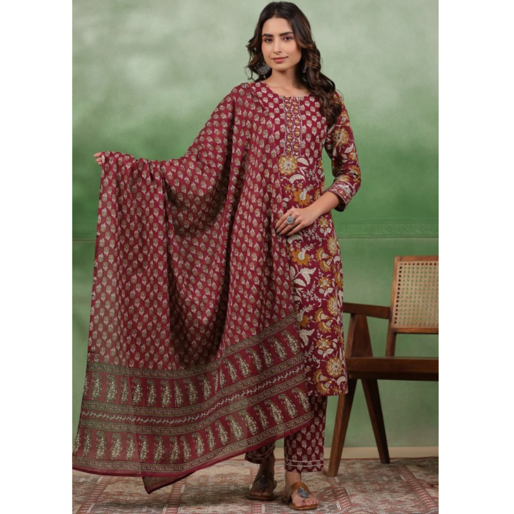 Women's Cotton Blend Printed Straight Kurta - Pant with Dupatta Set (Pack of 1)