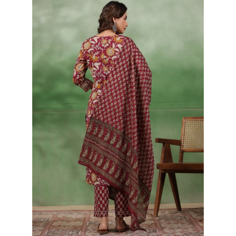 Women's Cotton Blend Printed Straight Kurta - Pant with Dupatta Set (Pack of 1)