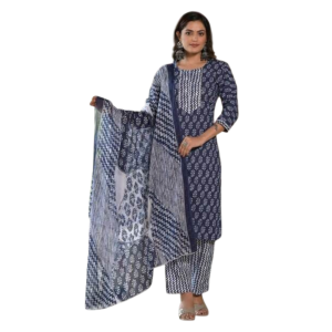 Women's Cotton Blend Printed Straight Kurta - Pant with Dupatta Set (Pack of 1)