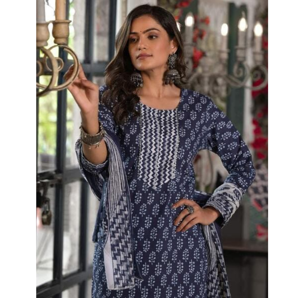 Women's Cotton Blend Printed Straight Kurta - Pant with Dupatta Set (Pack of 1)