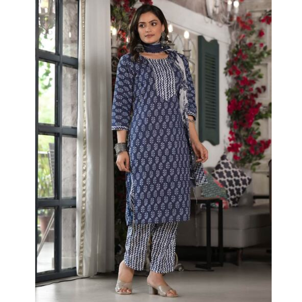 Women's Cotton Blend Printed Straight Kurta - Pant with Dupatta Set (Pack of 1)