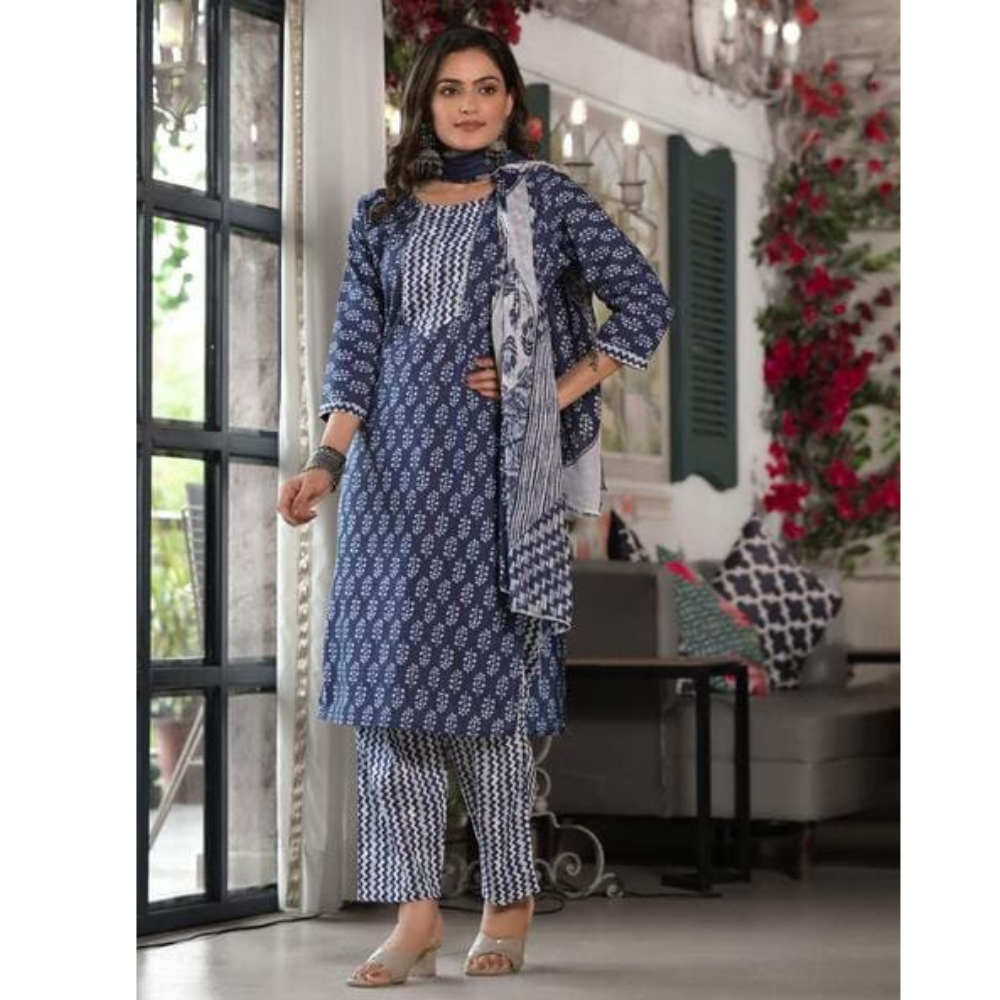 Women's Cotton Blend Printed Straight Kurta - Pant with Dupatta Set (Pack of 1)