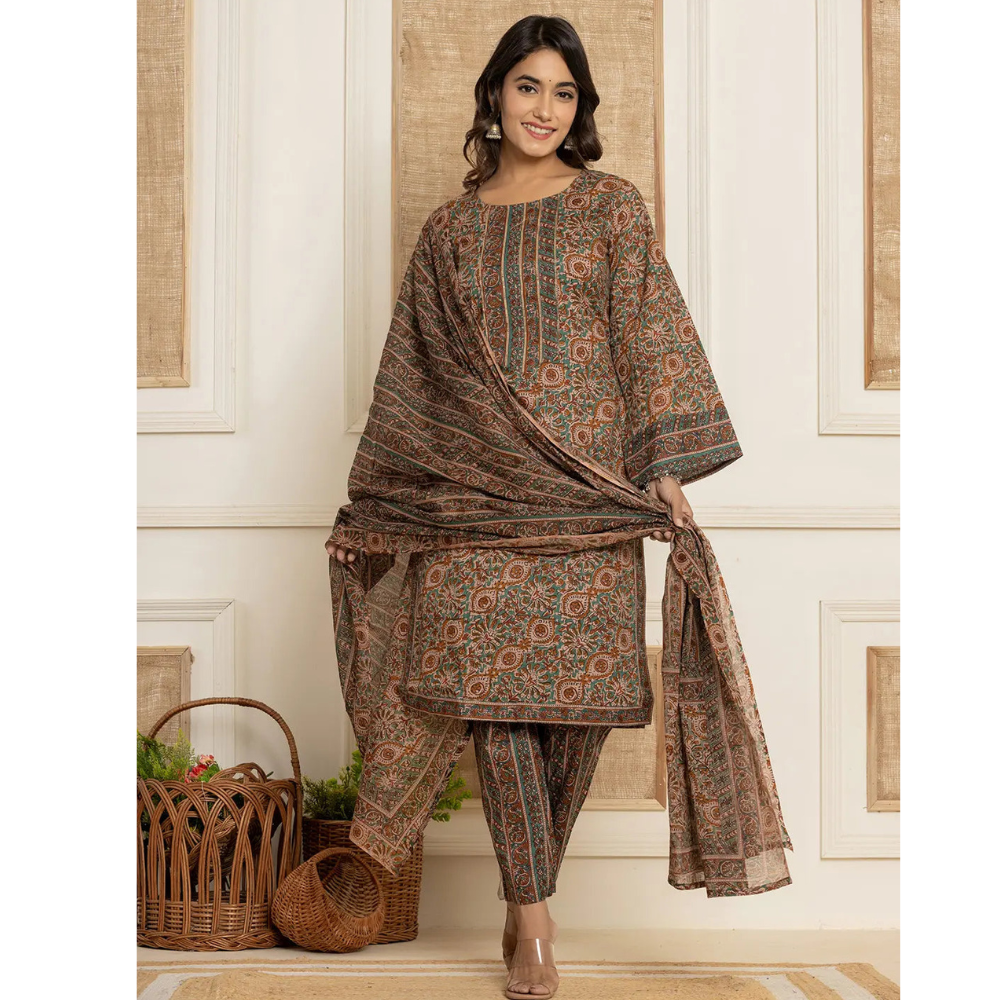 Women's Cotton Blend Teracotta  Printed Straight Kurta - Pant with Dupatta Set (Pack of 1)