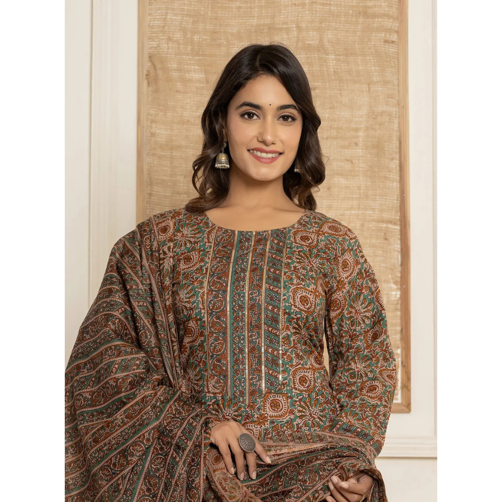 Women's Cotton Blend Teracotta  Printed Straight Kurta - Pant with Dupatta Set (Pack of 1)