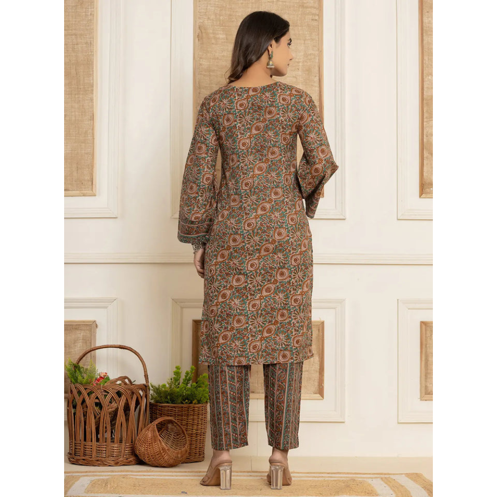 Women's Cotton Blend Teracotta  Printed Straight Kurta - Pant with Dupatta Set (Pack of 1)