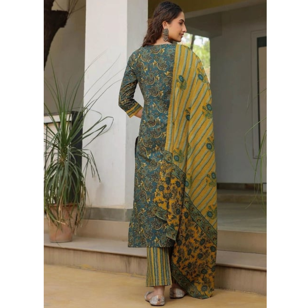 Women's Cotton Blend Printed Straight Kurta - Pant with Dupatta Set (Pack of 1)