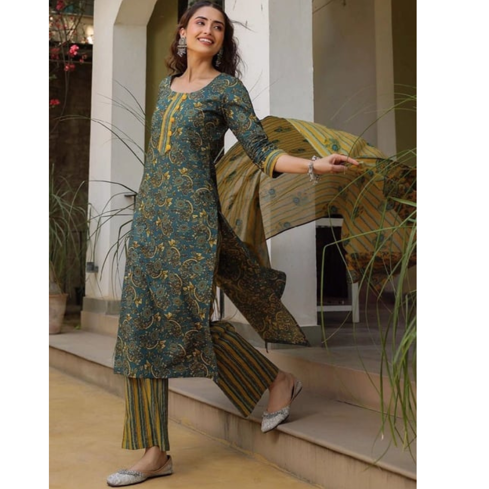 Women's Cotton Blend Printed Straight Kurta - Pant with Dupatta Set (Pack of 1)