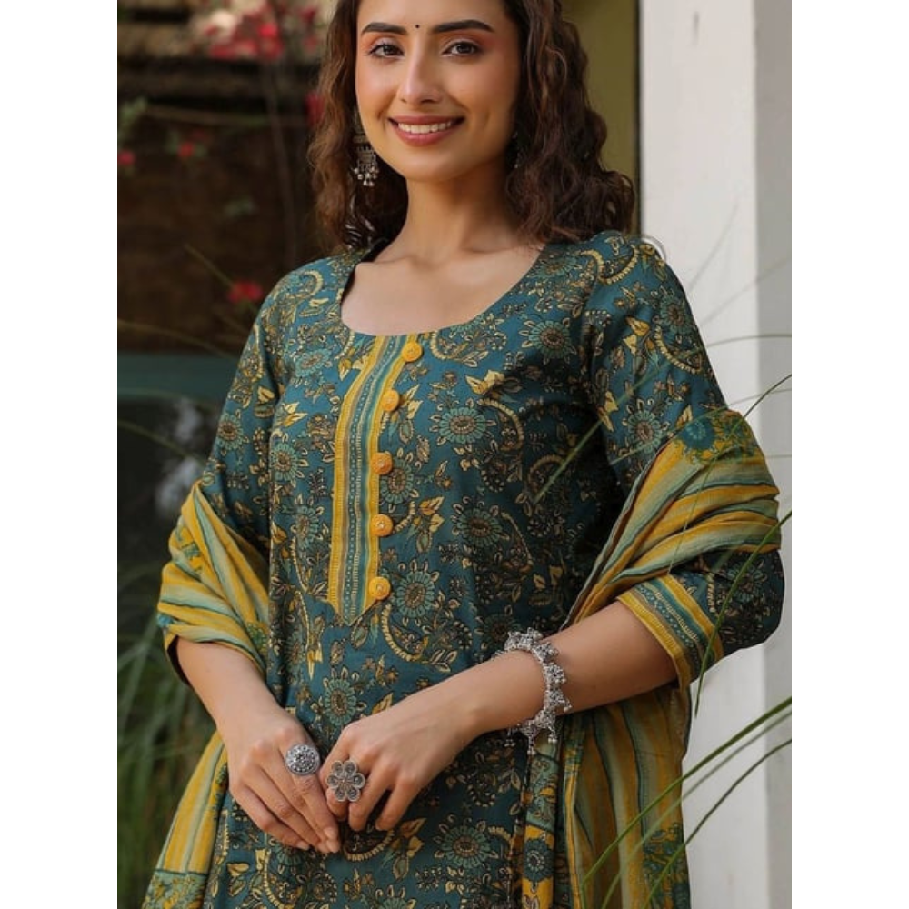 Women's Cotton Blend Printed Straight Kurta - Pant with Dupatta Set (Pack of 1)