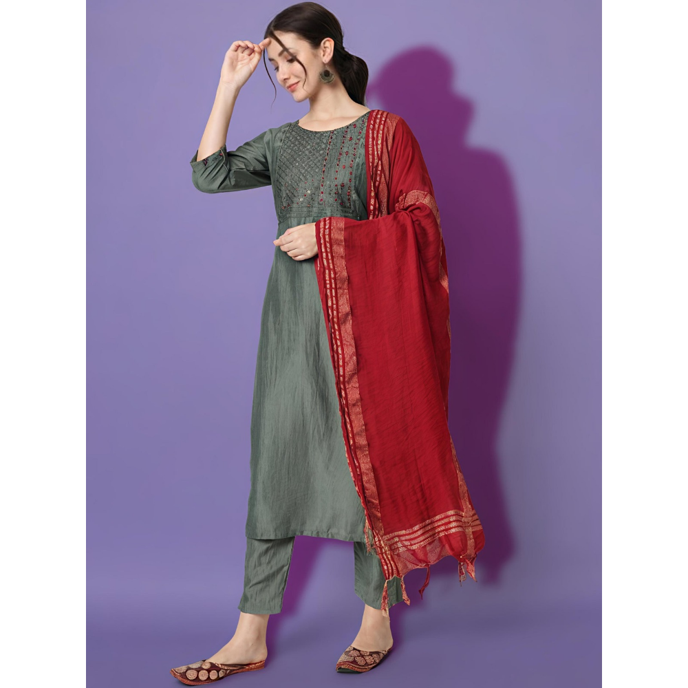 Women's Silk Blend Kurta & Trousers Pant with Viscose Print Dupatta (Pack of 1)