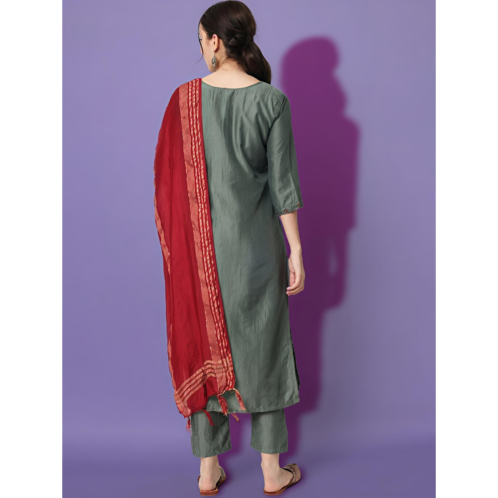 Women's Silk Blend Kurta & Trousers Pant with Viscose Print Dupatta (Pack of 1)