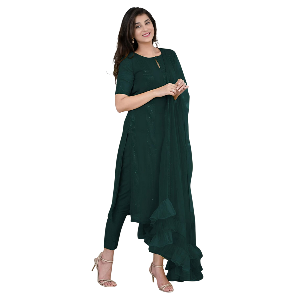 Women’s Sequence Embroidered Work Kurta with Trouser/Pant & Dupatta Set (Pack of 1)