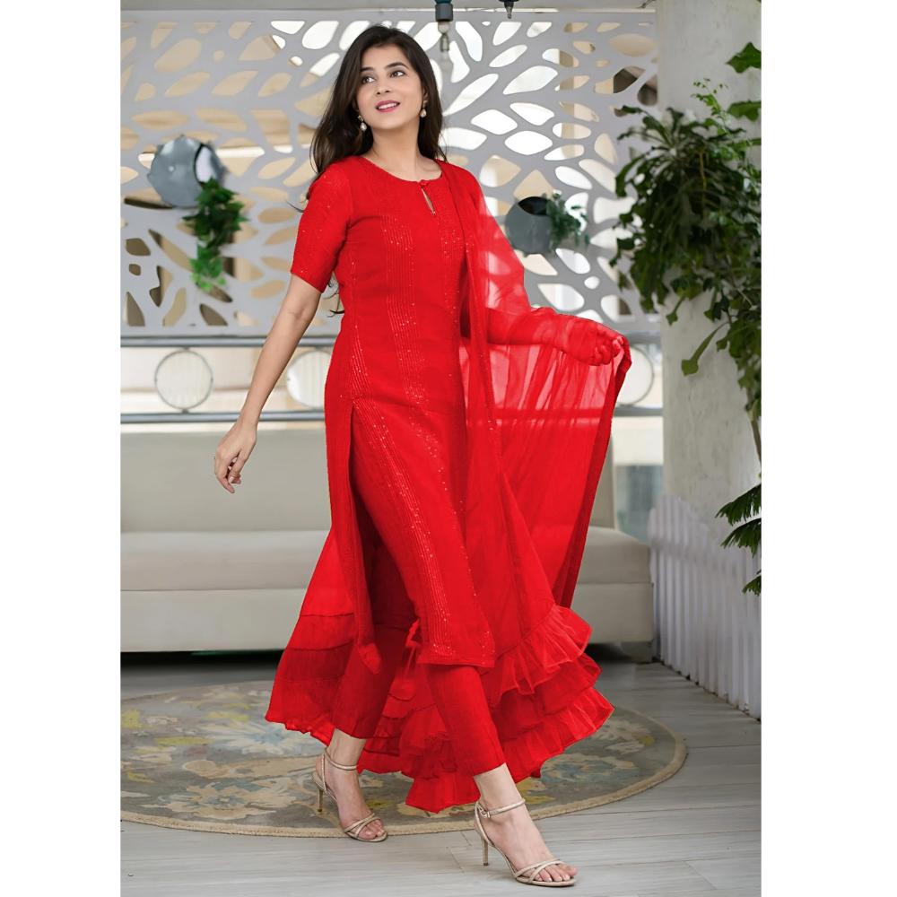 Women’s Sequence Embroidered Work Kurta with Trouser/Pant & Dupatta Set (Pack of 1)