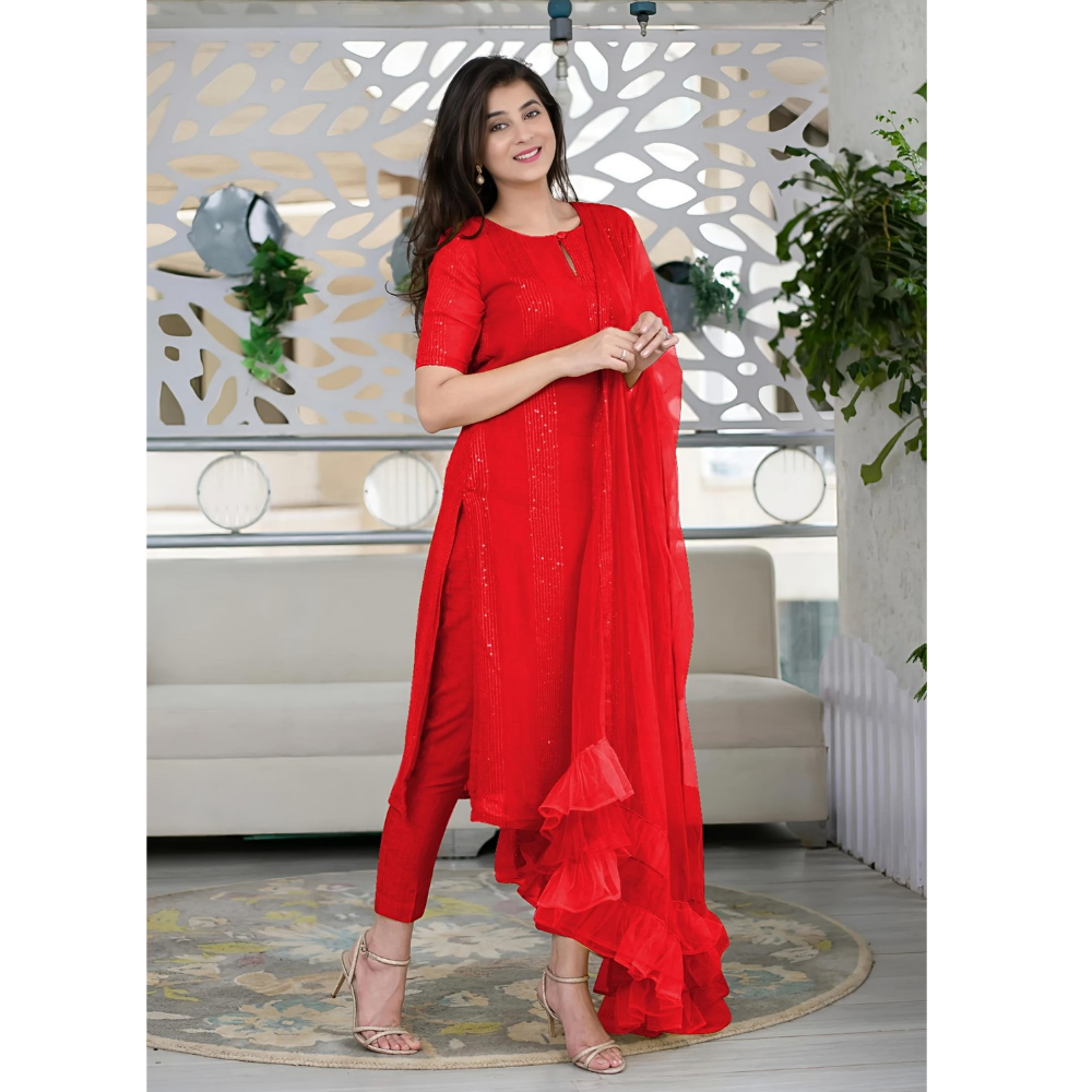 Women’s Sequence Embroidered Work Kurta with Trouser/Pant & Dupatta Set (Pack of 1)