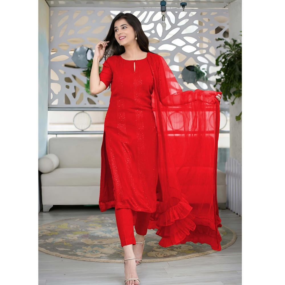 Women’s Sequence Embroidered Work Kurta with Trouser/Pant & Dupatta Set (Pack of 1)