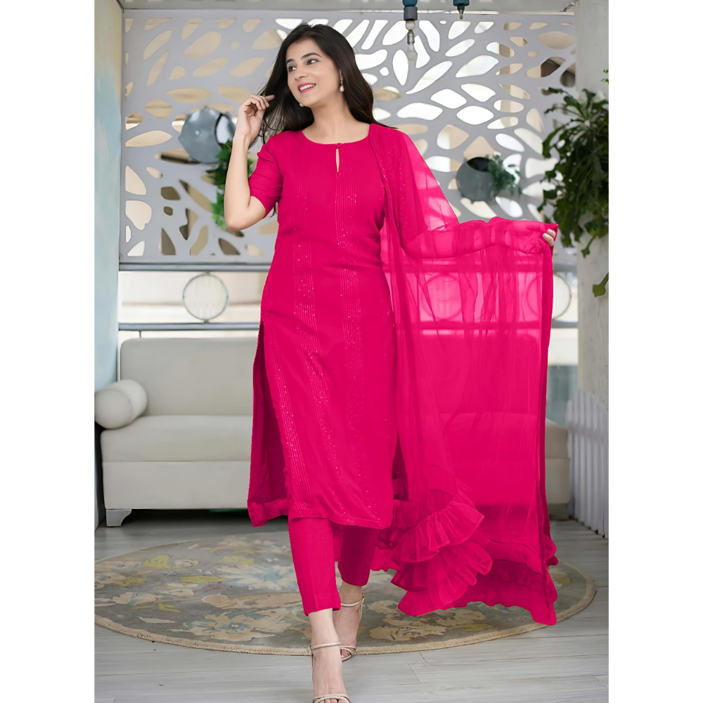 Women’s Sequence Embroidered Work Kurta with Trouser/Pant & Dupatta Set (Pack of 1)