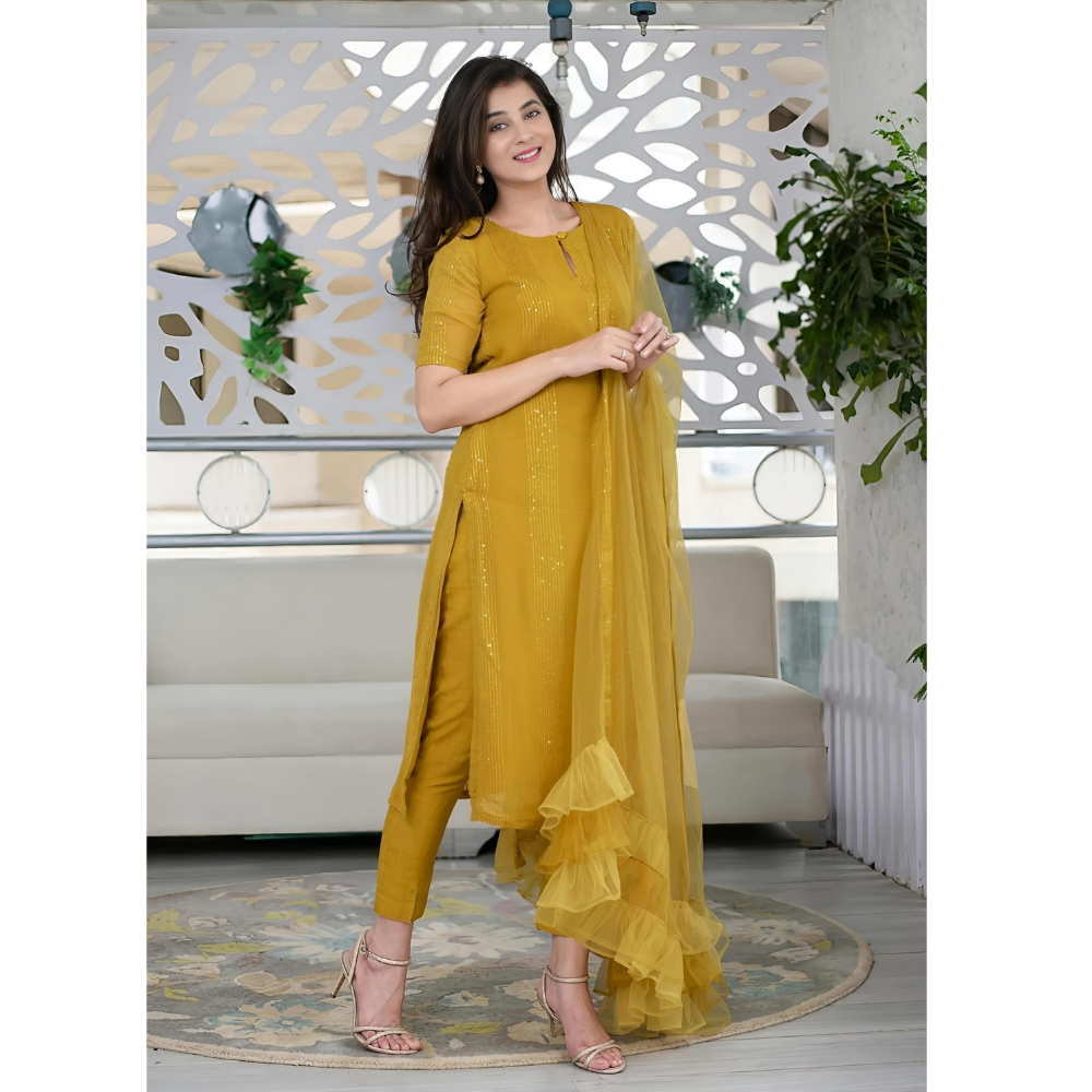 Women’s Sequence Embroidered Work Kurta with Trouser/Pant & Dupatta Set (Pack of 1)