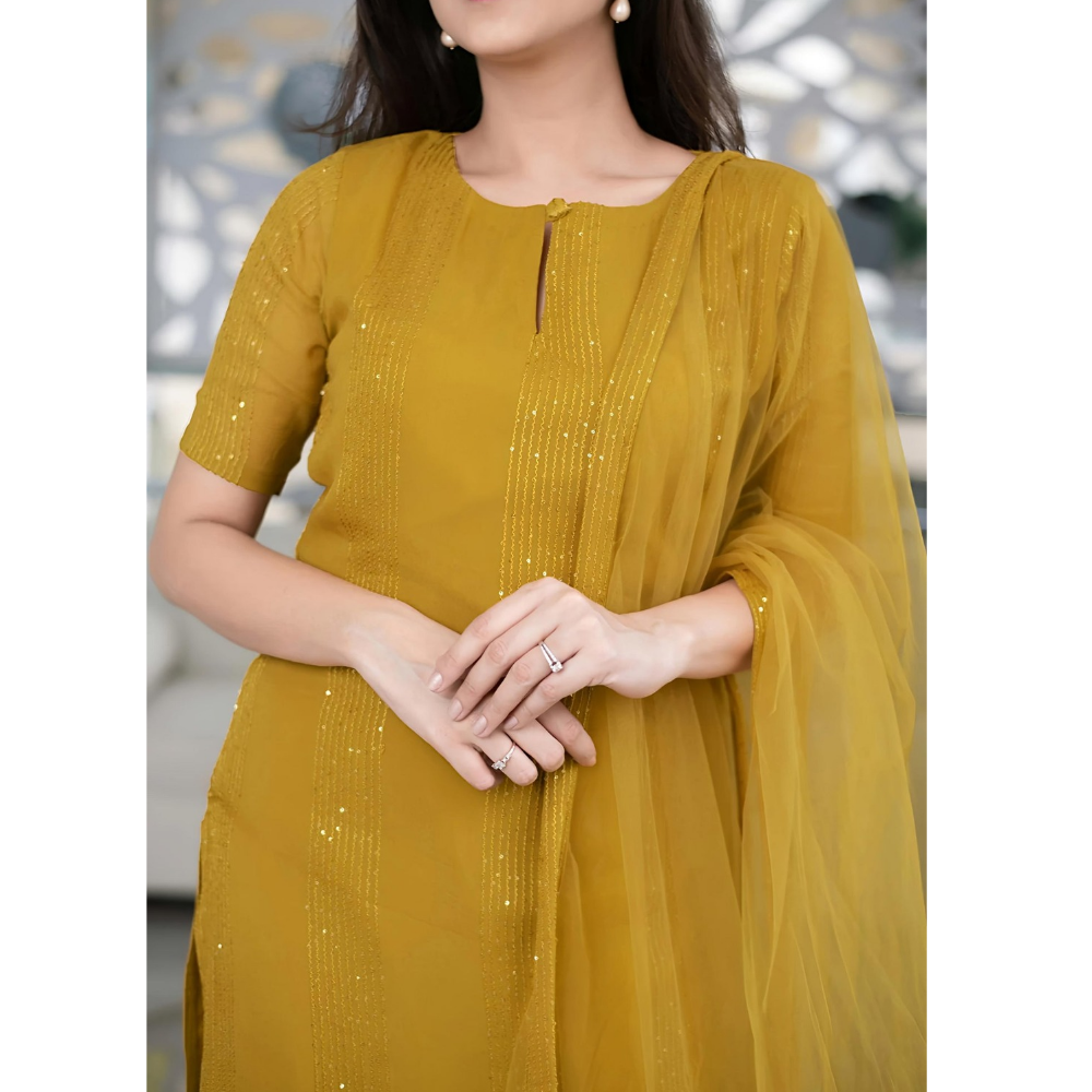 Women’s Sequence Embroidered Work Kurta with Trouser/Pant & Dupatta Set (Pack of 1)