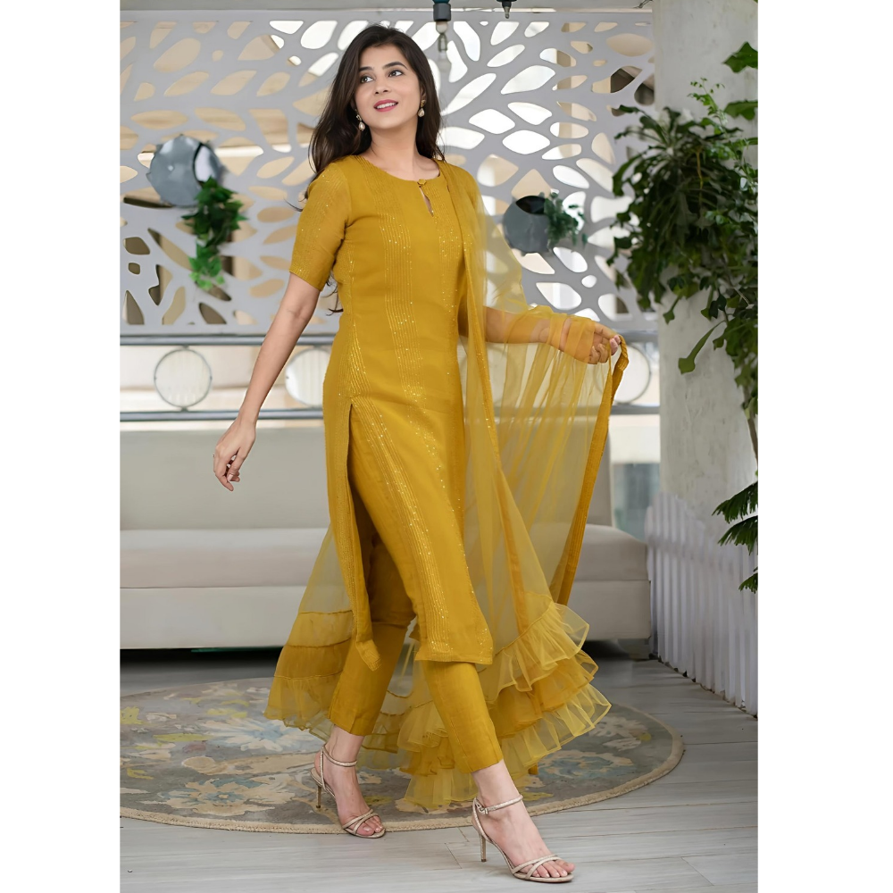 Women’s Sequence Embroidered Work Kurta with Trouser/Pant & Dupatta Set (Pack of 1)