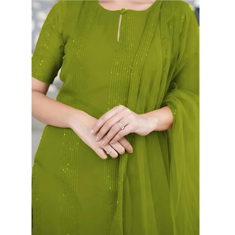 Women’s Sequence Embroidered Work Kurta with Trouser/Pant & Dupatta Set (Pack of 1)