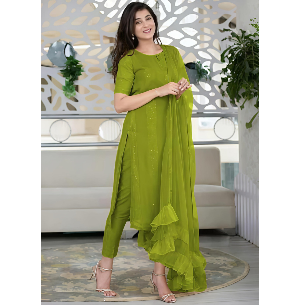 Women’s Sequence Embroidered Work Kurta with Trouser/Pant & Dupatta Set (Pack of 1)