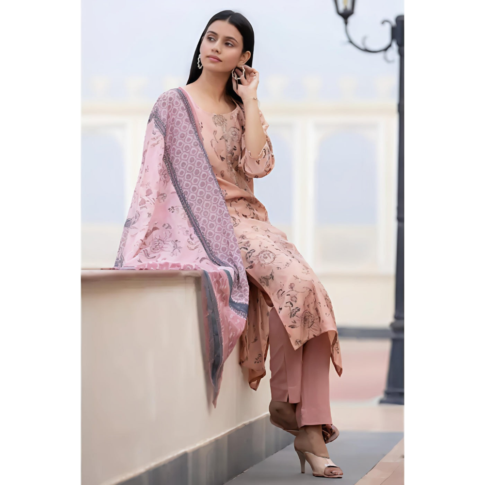 Peach Floral Printed Modal Teby cotton Suit Set (Pack of 1)
