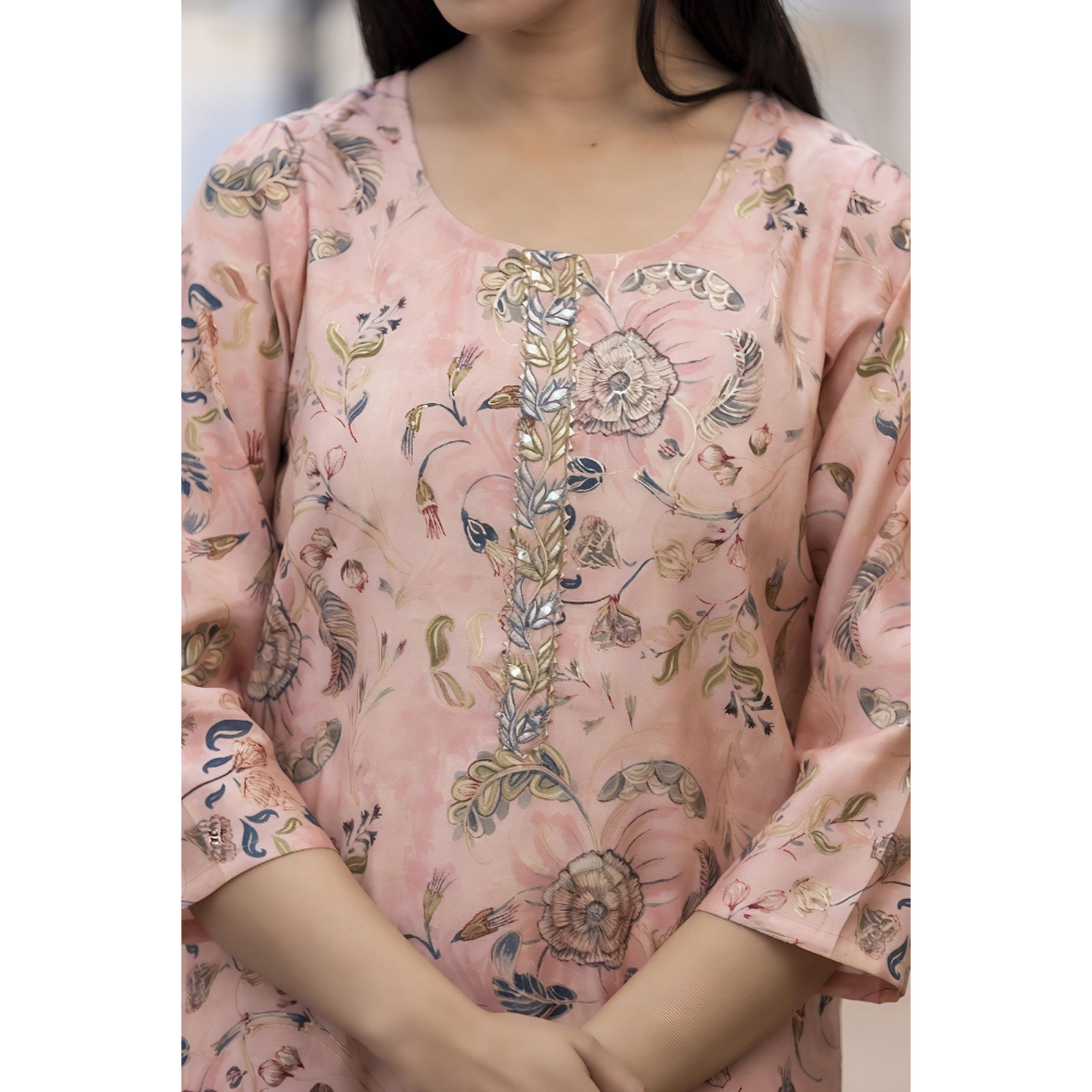Peach Floral Printed Modal Teby cotton Suit Set (Pack of 1)