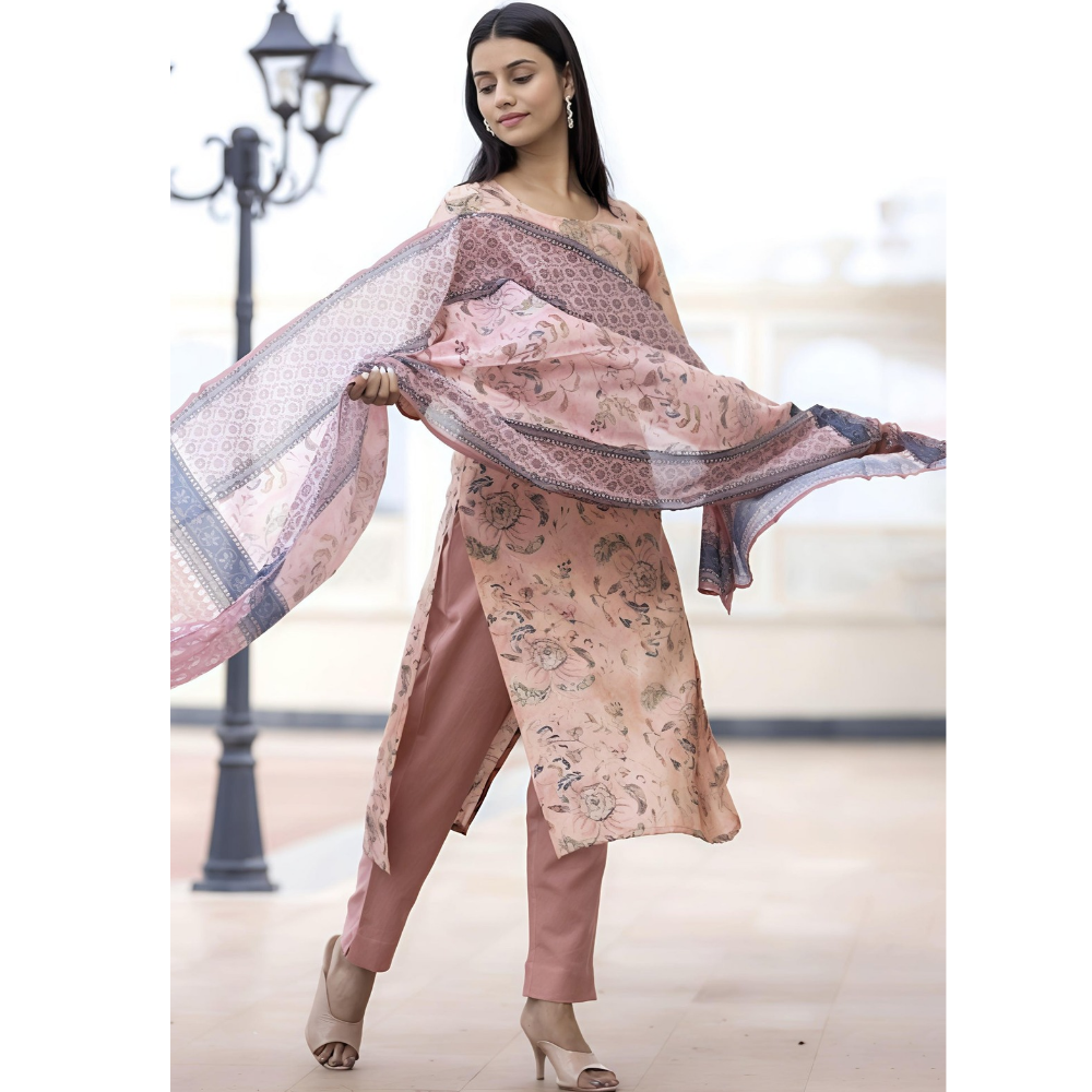Peach Floral Printed Modal Teby cotton Suit Set (Pack of 1)