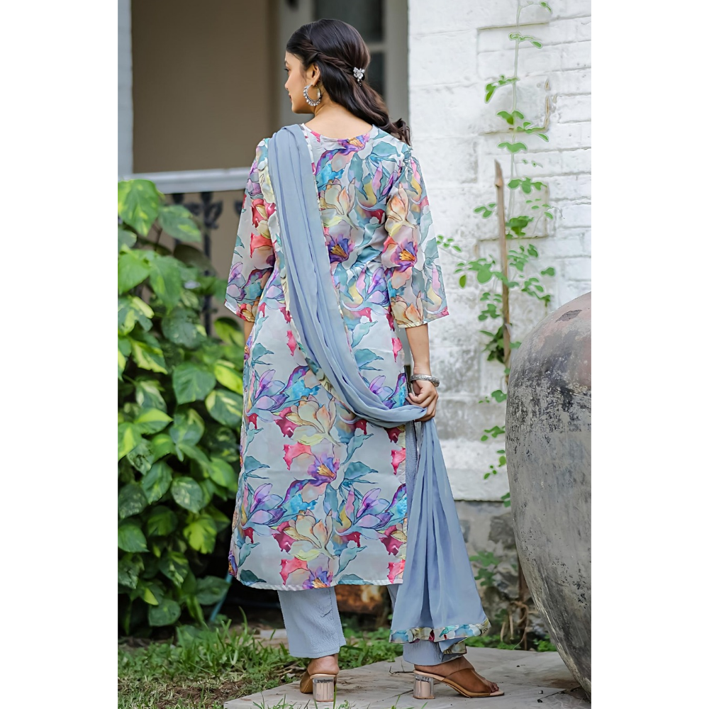 Women's Teby Silk Embroidered and Printed Straight Kurta with Teby silk Pant and Dupatta Sets (Pack of 1)