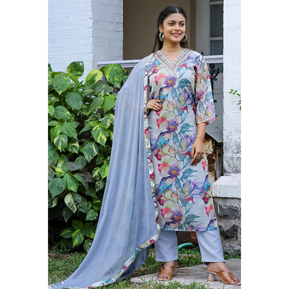 Women's Teby Silk Embroidered and Printed Straight Kurta with Teby silk Pant and Dupatta Sets (Pack of 1)