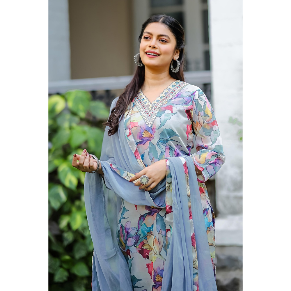 Women's Teby Silk Embroidered and Printed Straight Kurta with Teby silk Pant and Dupatta Sets (Pack of 1)