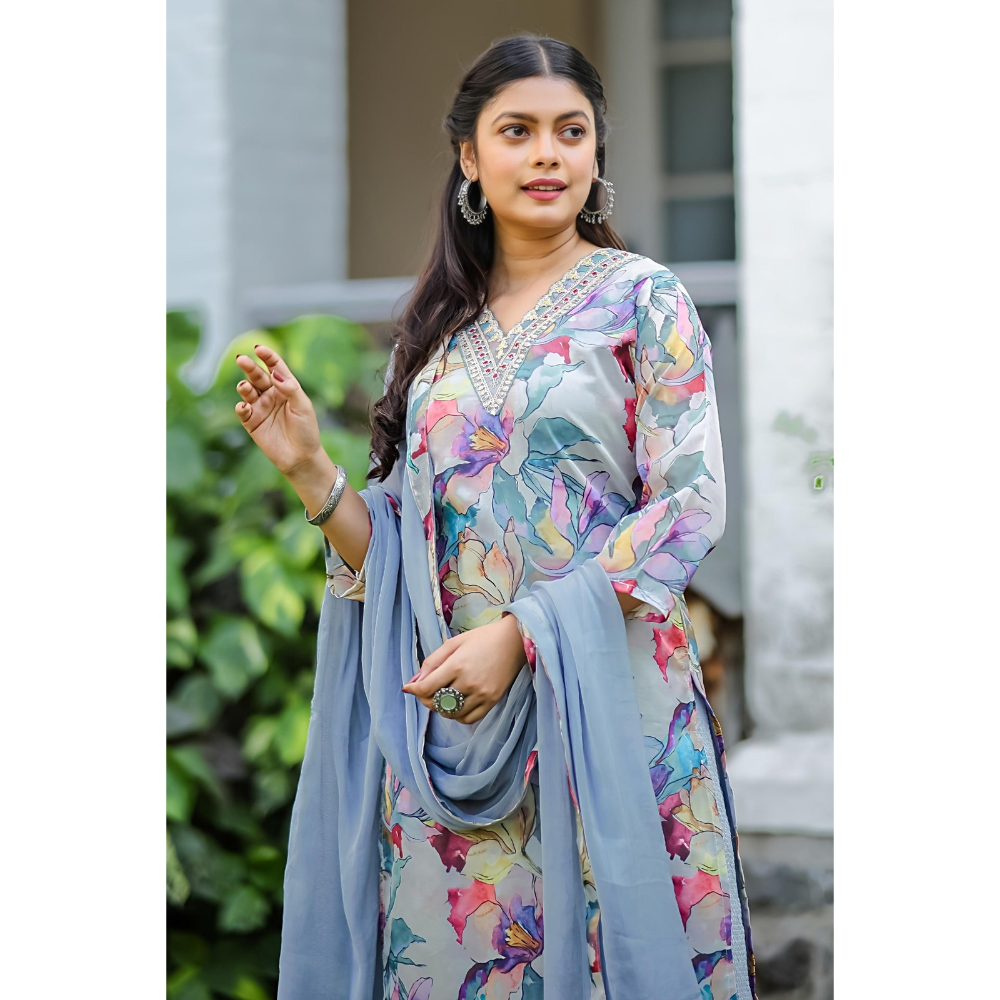 Women's Teby Silk Embroidered and Printed Straight Kurta with Teby silk Pant and Dupatta Sets (Pack of 1)