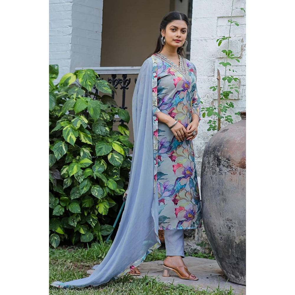 Women's Teby Silk Embroidered and Printed Straight Kurta with Teby silk Pant and Dupatta Sets (Pack of 1)
